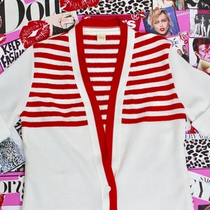 Vintage 70s V Neck Polyester Knit Top, Red/White Knit Top, Made in the USA, Size Medium/Large