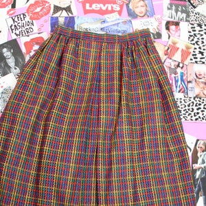Vintage 80s 90s Colorful Plaid Tweed Long Midi Skirt, Stefanie Long Skirts, Polyester/Wool, Autumn/Winter Skirts, Made in the USA, Waist 25&quot;