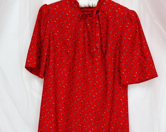 Vintage 70s Red Floral  Print Dress, VTG Women Floral Dresses, Size Small