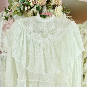 Vintage Victorian/Edwardian Sheer Cream Lace Blouse, Embroidered Floral Lace, High Neckline, Ruffle Front, Romantic Blouses, Size Medium