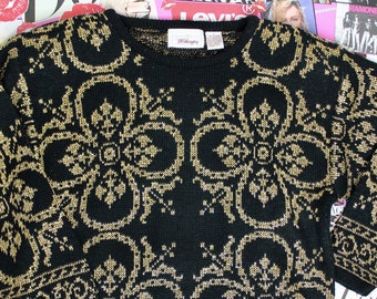 Vintage 90s Worthington Metallic Floral Sweater, Black/Gold Pullover Sweater, Padded Shoulders, Women Sweaters, Size Large