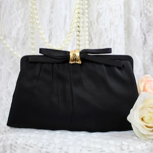Vintage 50s 60s After Five Evening Small Clutch, Gold Metal Clasp & Bow Detail, Rhinestones, Chain Top Handle, Coin Purse, Made in the USA