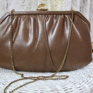 Vintage 60s Brown Mardone Clutch Purse, Shoulder Gold Chain, Built In Mirror, Snap Clasp, Vinyl/Metal, USA