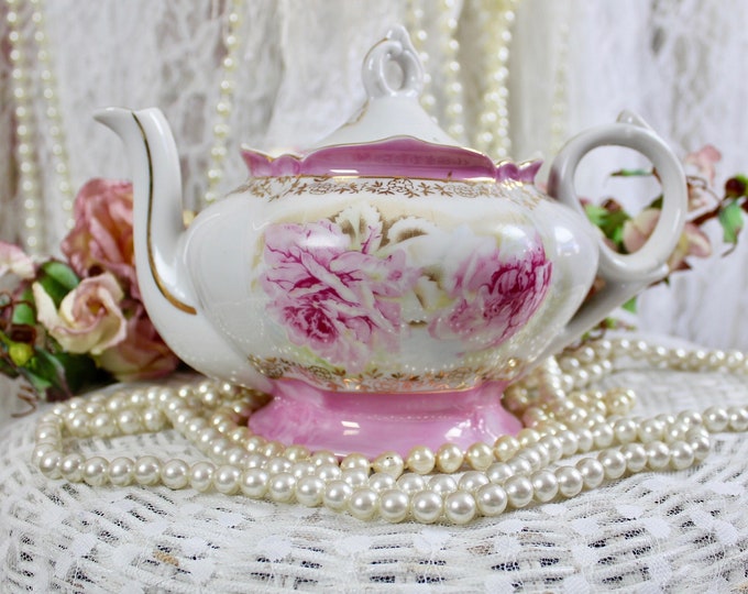 Vintage 60s 70s Lefton Musical Pink Cabbage Rose Teapot, Hand Painted ...