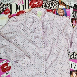 Vintage 80s Abstract Colorful Blouse, Ruffle Front, Button Up, VTG Office Blouse, Size Medium