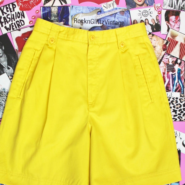 Vintage Y2ks Yellow High Waist Denim Shorts, Preppy/Mom Shorts, 2 Side Pockets, Pleated Front, Waist 28"