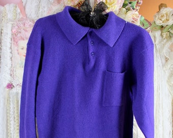 Vintage 70s 80s Trader Bay Purple Collared Sweater, One Front Pocket, Vintage Winter Sweaters, Wool/Nylon, Made in Hong Kong, Size Medium