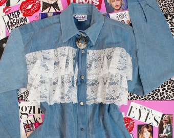 Vintage 80's/90's Sassa Western Ruffle Lace Front Denim Long Button up Sleeve Shirt