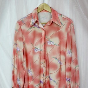 70&#39;s Peachy Floral Long Sleeve Shirt, VTG Blouses, Size Medium