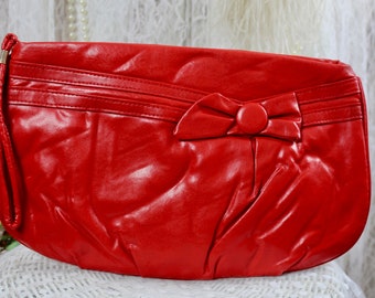 Vintage 70s 80s MCi Red Faux Leather Wristlet Handbag, Small Red Bow Detail, One Inside Small Pocket, Zipper Closure, Gifts Ideas