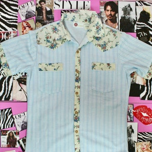Vintage 70s Unisex Floral Print Shirt, Cute VTG Shirt, Collared Butterfly Shirt, Size Medium