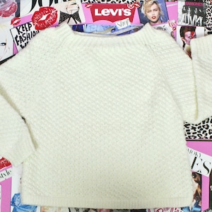 Vintage 60s 70s Creamy Knit Sweater, Winter Sweater, Warm Pullover Sweater, Size Medium Large