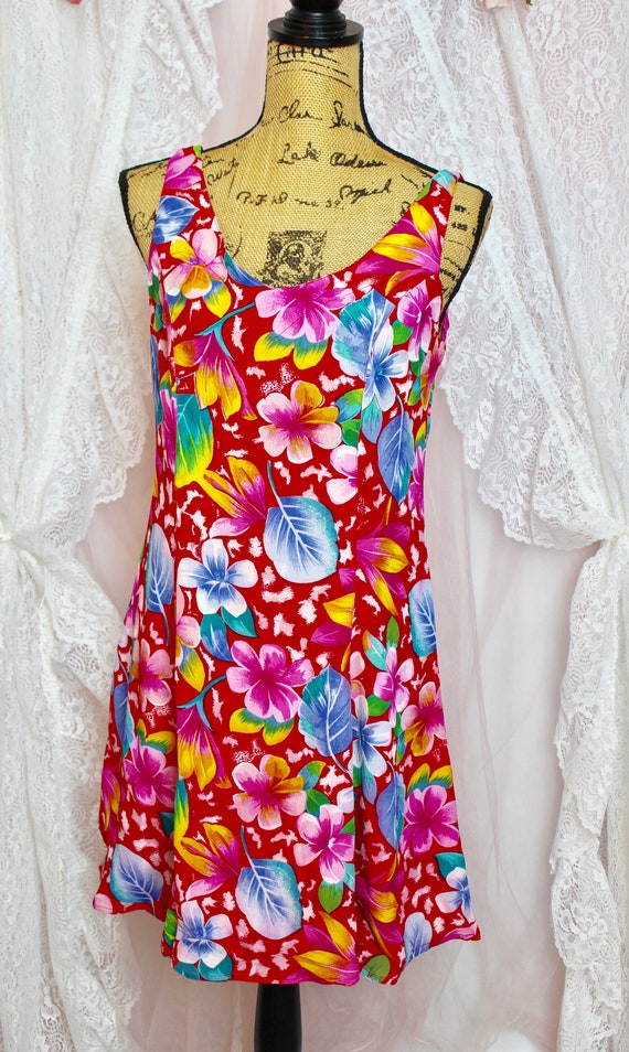 Vintage 90s Colorful Tropical Floral Sleeveless D… - image 2