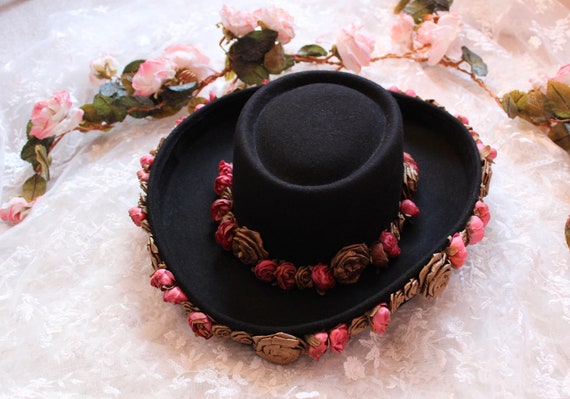 Chico\'s Fedora Hat Black and Pink with Floral Band Hand Painted Cowboy Hat - Felt – Camelia Mexican Boutique main image 3