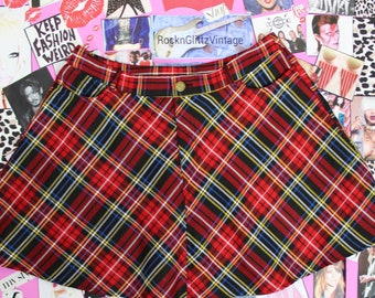Y2Ks Red Plaid Mini Skirt,Preppy A-line Skirt, Belt Loops /Front Pockets, Size Medium