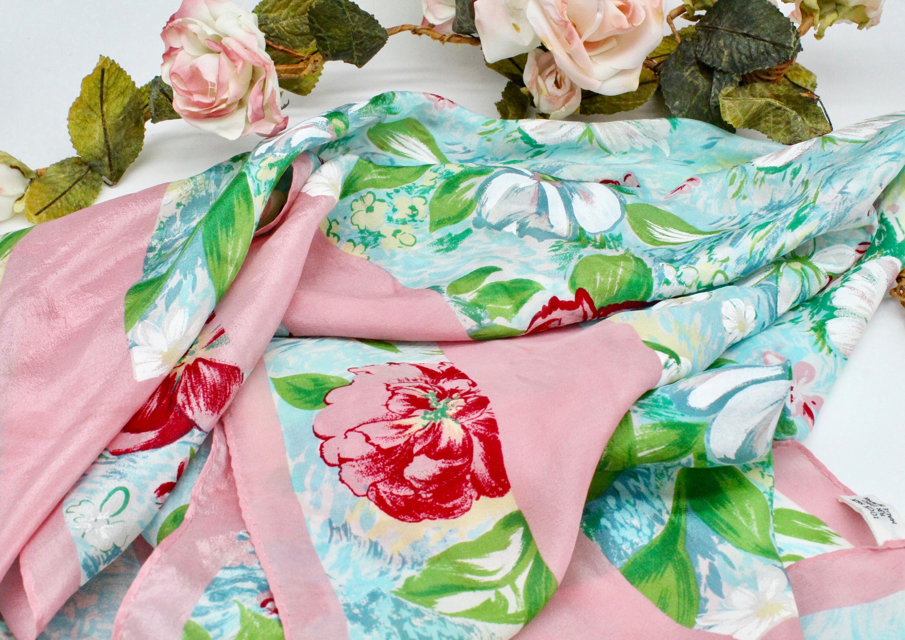 Vintage Beautiful Colorful Floral Silk Scarf, Head Scarf