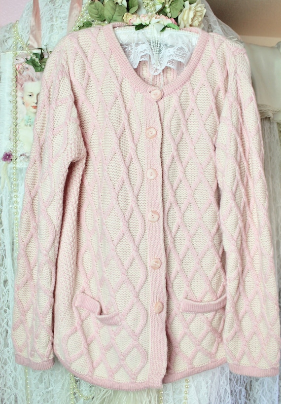 Vintage 80s 90s Aran Crafts Baby Pink Cable Knit C