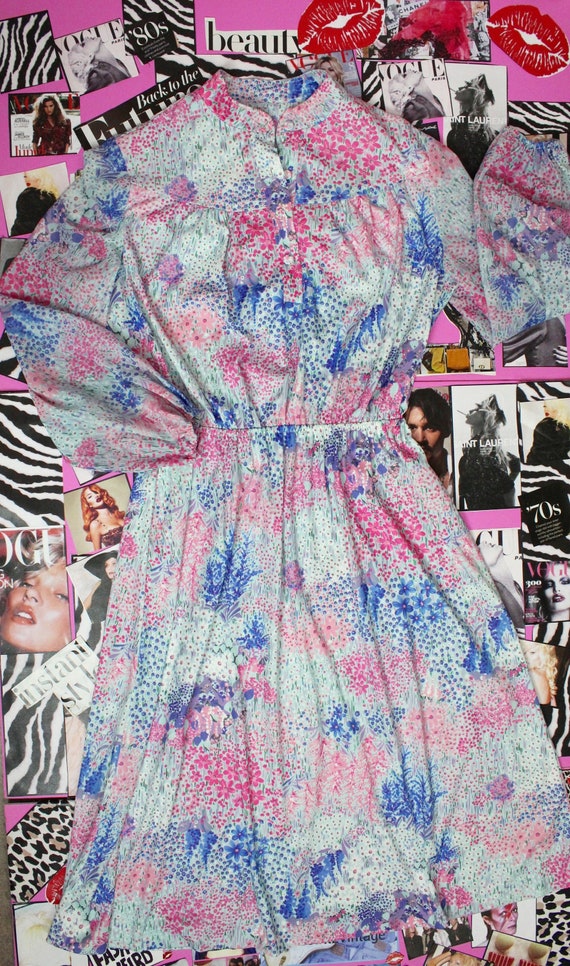 Vintage 70s Colorful Floral ShirtDress, VTG Color… - image 2