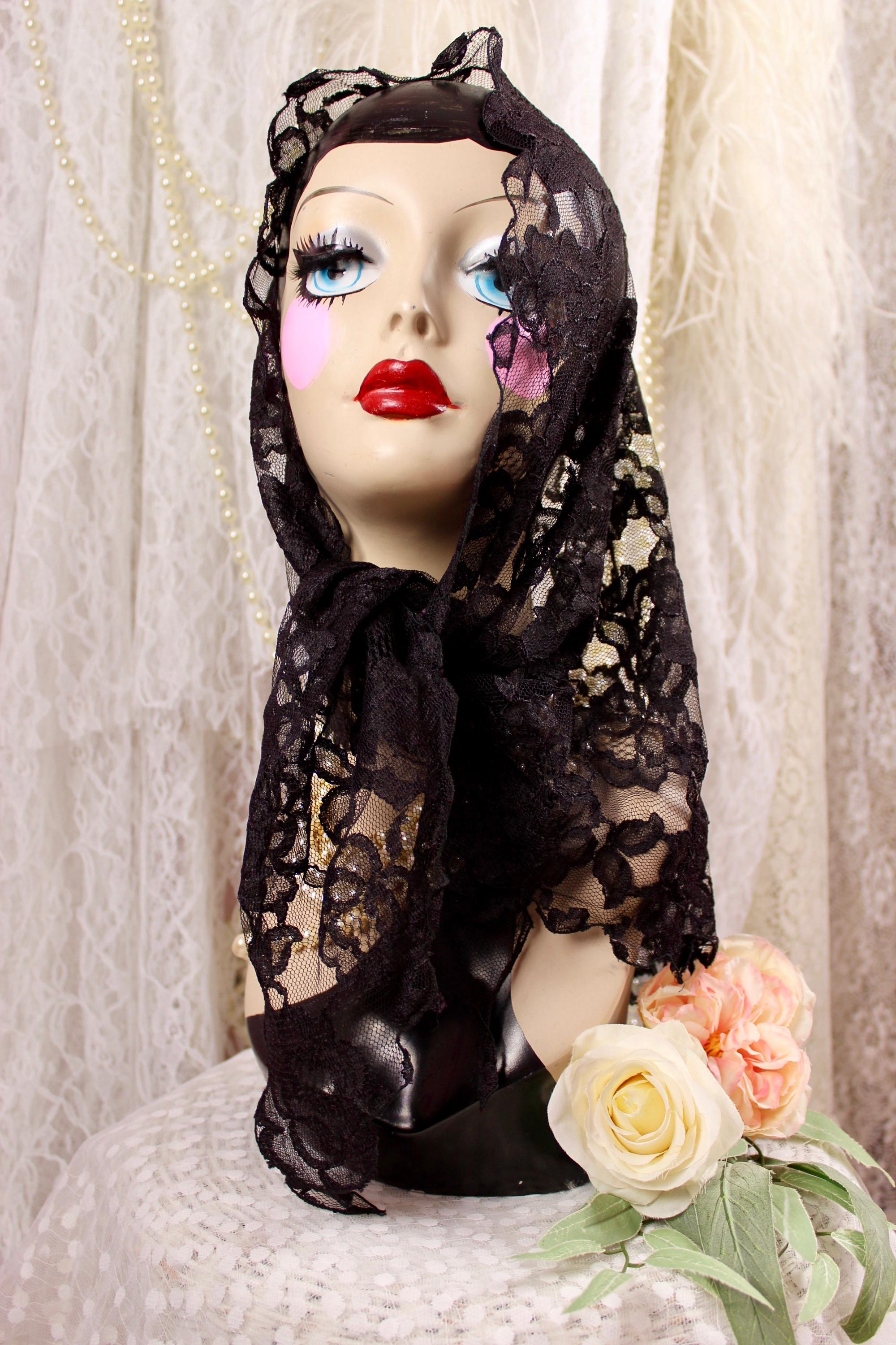 Vintage 60-70\'s Black‎ Lace Prayer Headcovering Black Linen Mantilla, Orthodox Head Covering With Lace Trim  main image 4