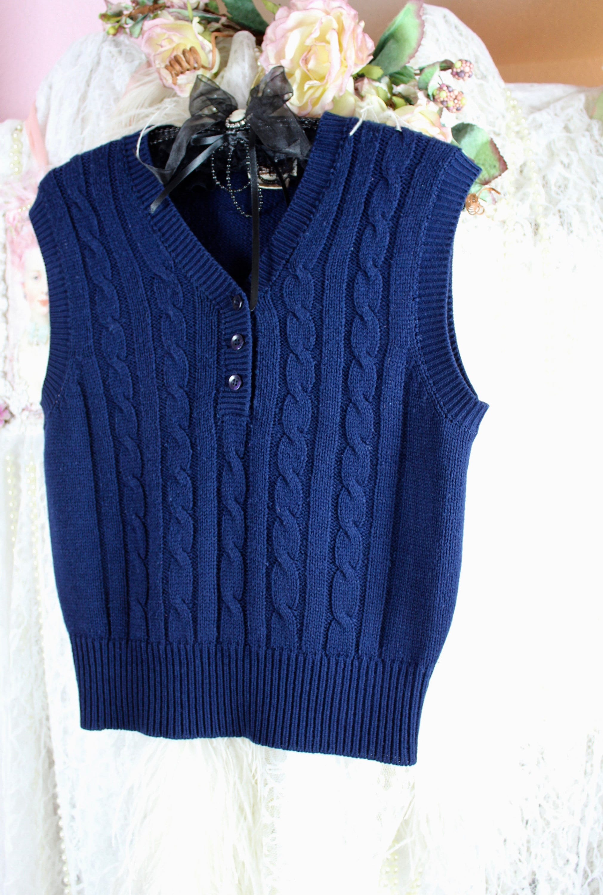 Vintage 80s Casual Corner Navy Blue Knit Sweater Vest, Preppy Vest