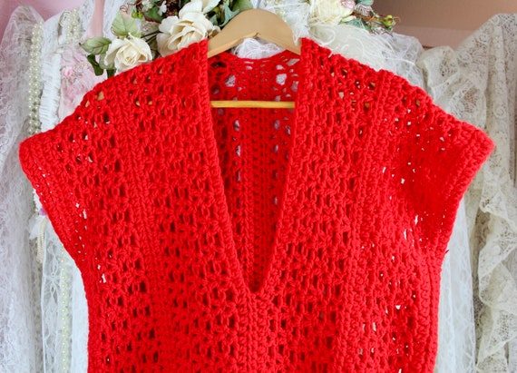 Vintage 90s Red Crochet Sweater Vest, Pullover Cr… - image 3