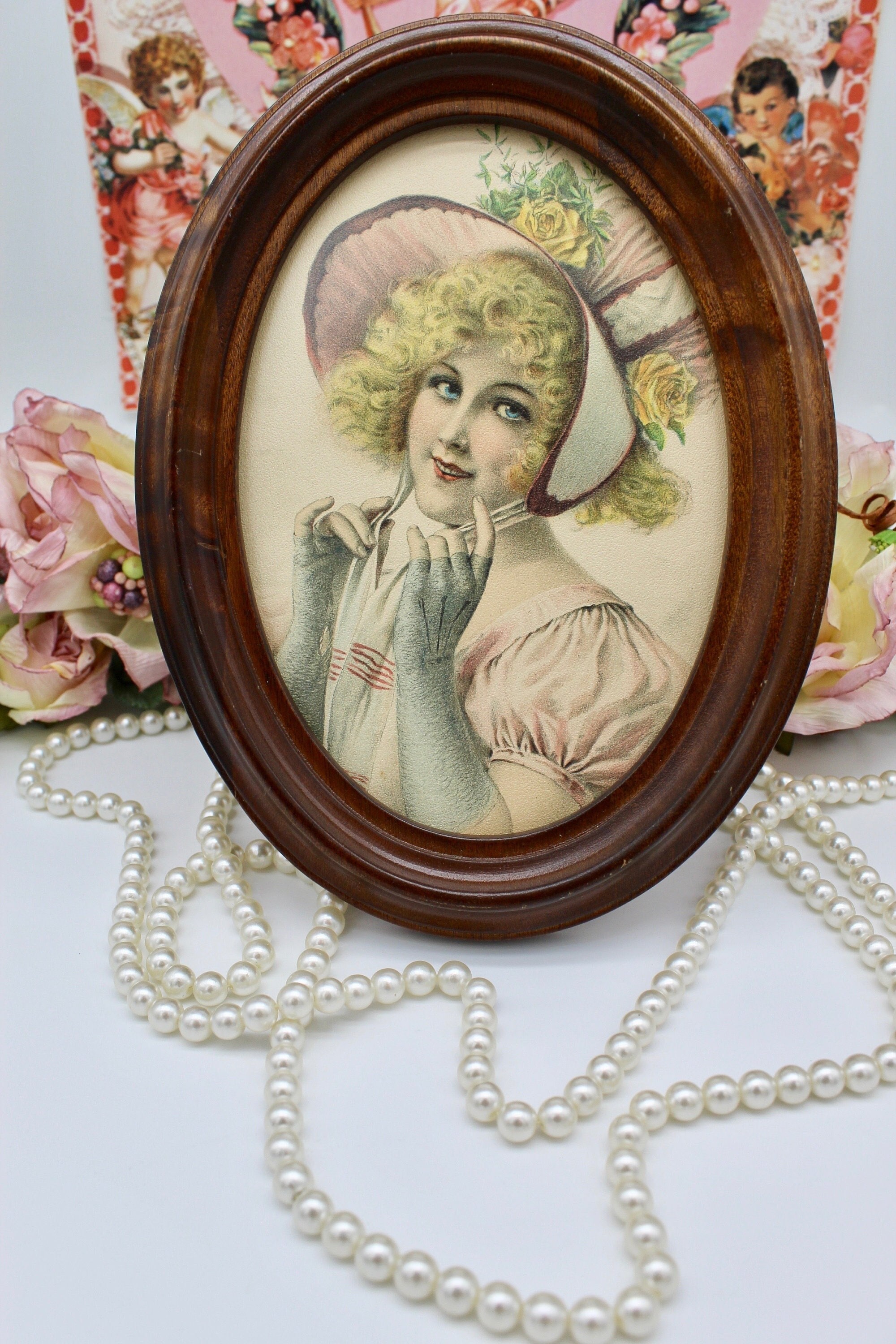 Vintage Small Oval Wood Frame, Victorian Lady Image, Easel Stand