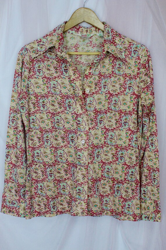 70's Butterfly Collar Pink Floral Button up Shirt - image 3