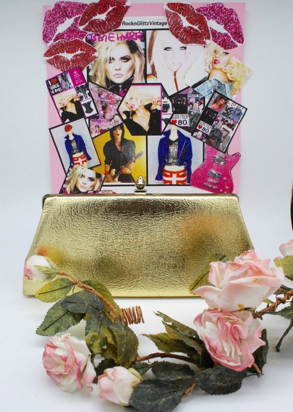 Vintage 60s 70s Gold Vinyl Metallic Handbag, Gold 