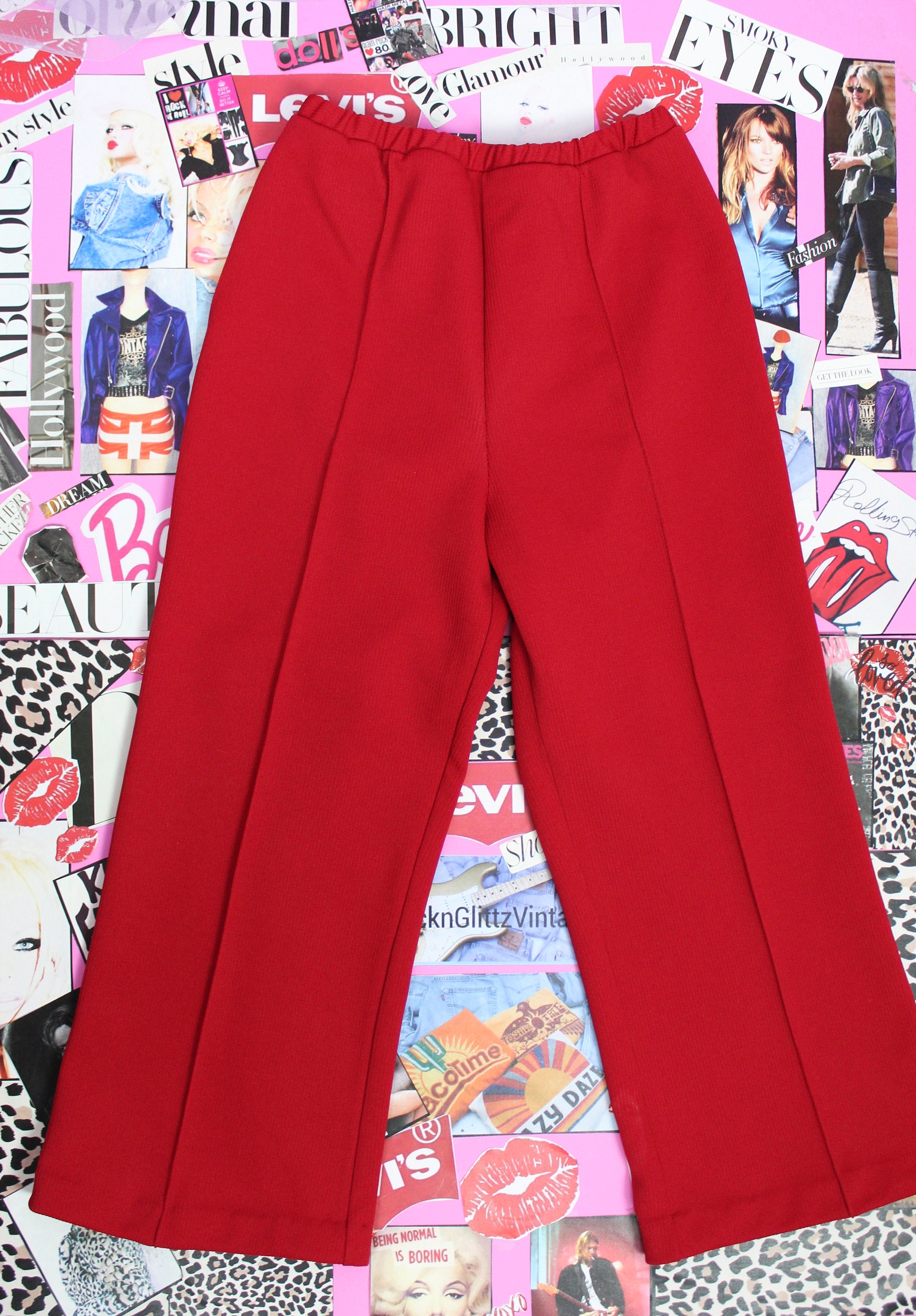Vintage 70s Red Polyester Trousers, Short Capri Trousers