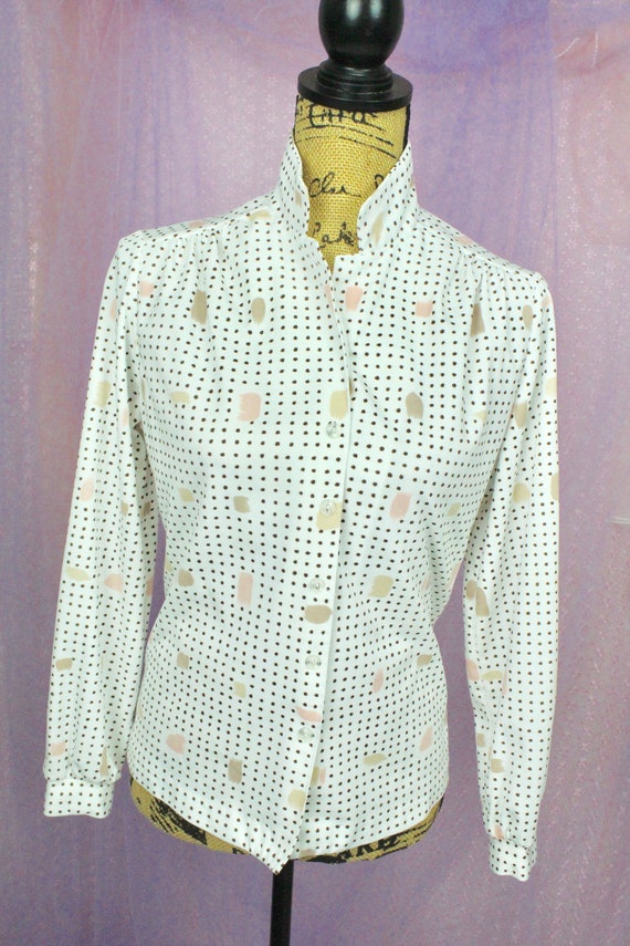 Vintage 70s Women's Polka Dot Blouse, 70s Polyest… - image 3