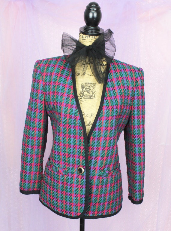 Vintage 90s Koret Colorful Checkered Blazer, VTG … - image 3