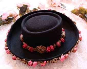 Vintage 80s 90s Whittall & Shon Bolero Hat, Floral Accents 