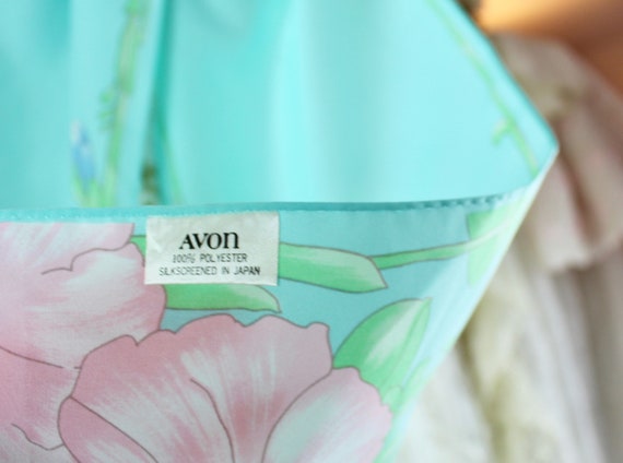 Vintage 80s Avon Aqua Floral Scarf, SilkScreened … - image 5