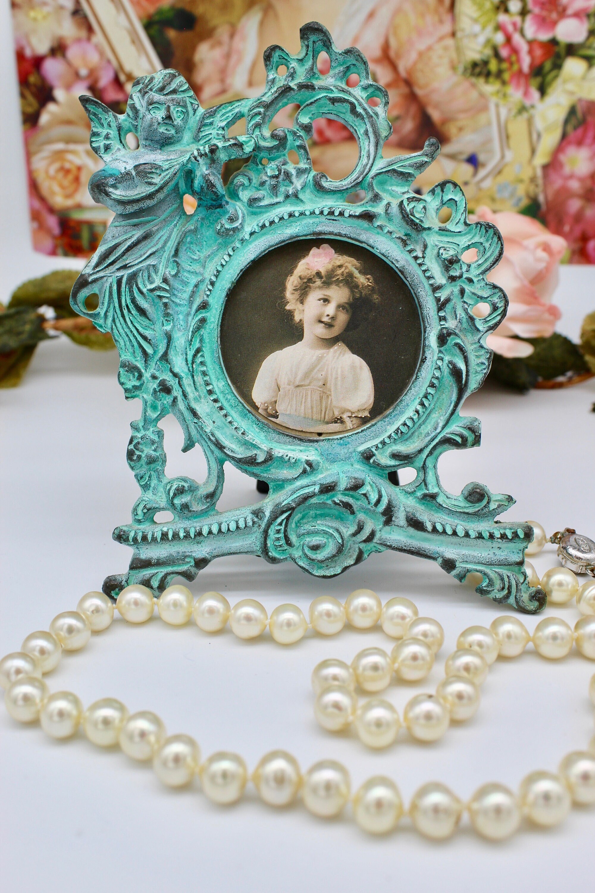 ヴィンテージ装飾天使ヘビーメタルミニフォトフレーム、ロマンチックな