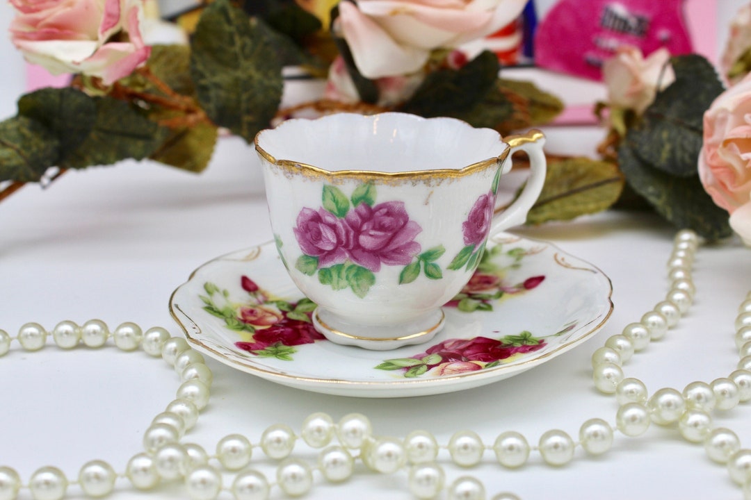 Vintage Dainty Mismatched Mini Tea Cup & Saucer, Pink Roses, Espresso Tea Cups, Mini Tea Cup