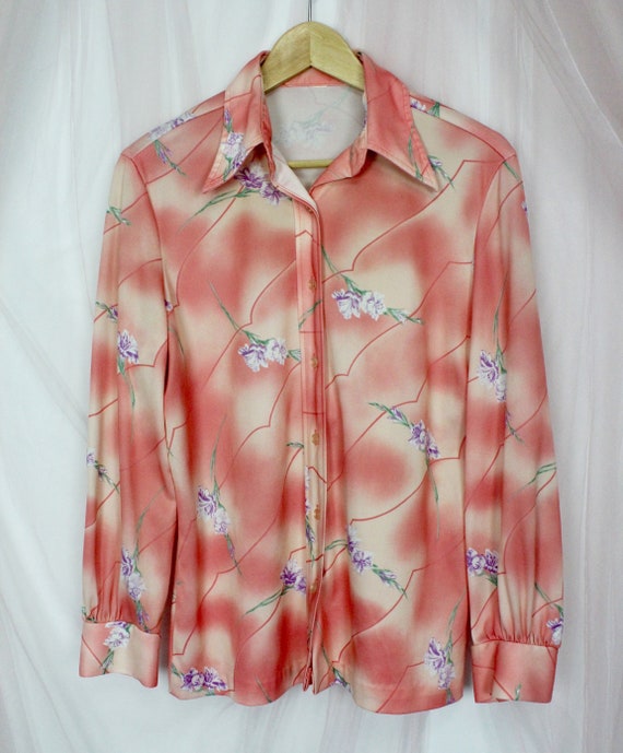 70's Peachy Floral Long Sleeve Shirt, VTG Blouses… - image 1