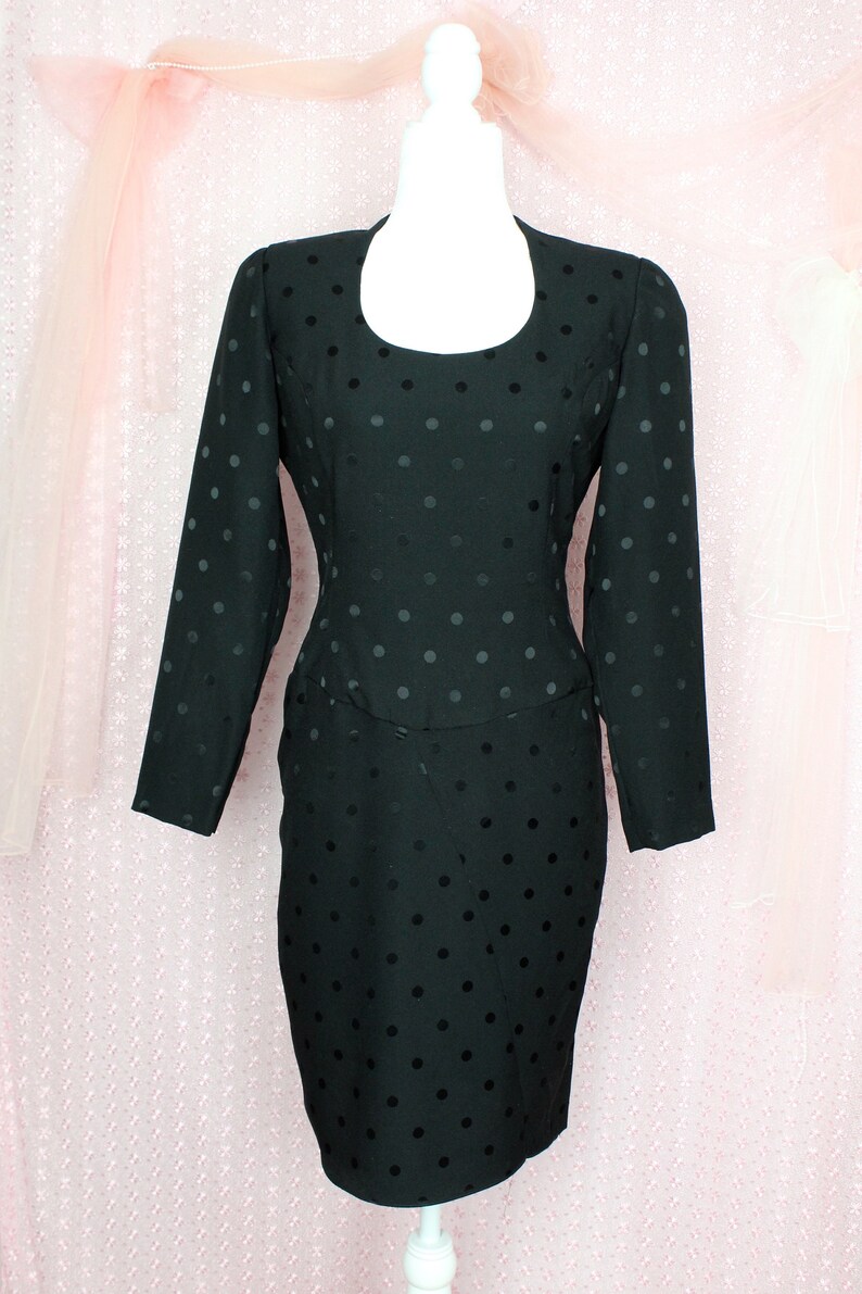 Vintage 80s 90s Black Polka Dot Dress, Mod Polka Dot Dress, Pinup Dress, Size Medium image 2