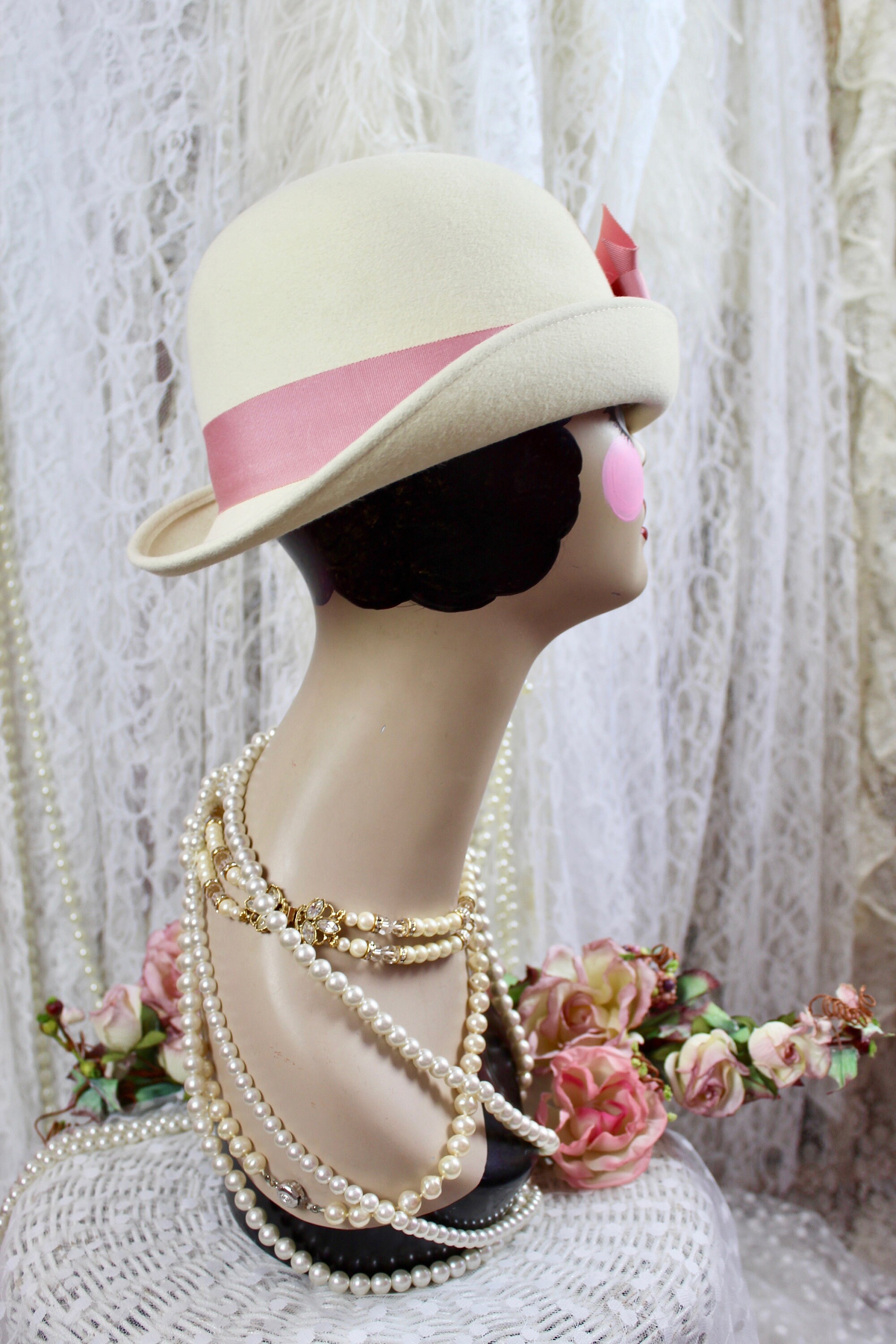 Vintage 60s Kurt Jr by Tom Hann Bowler Hat, Cream/pink, Pink 