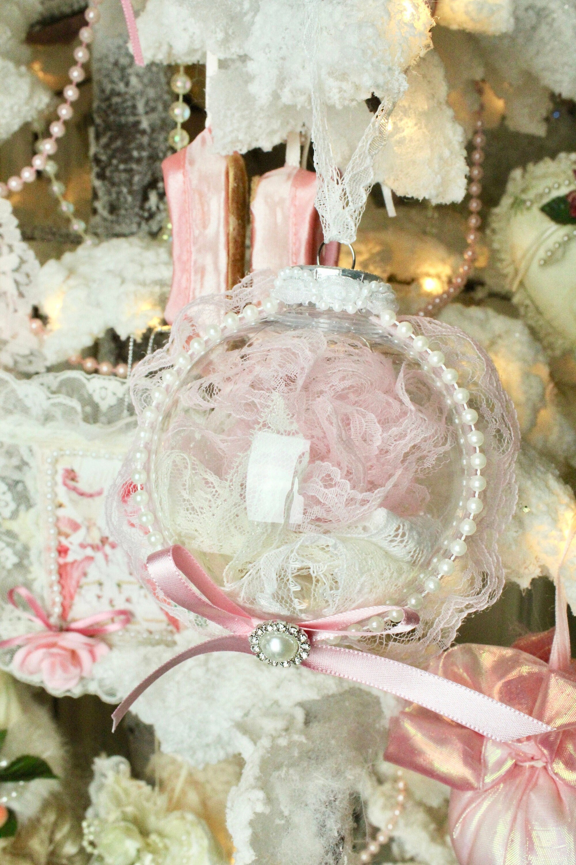 Shabby Chic Christmas Tree Ornaments, Handmade, Country Cottage, Home Decor, Vintage Lace & Pearls, Gifts, Home Living