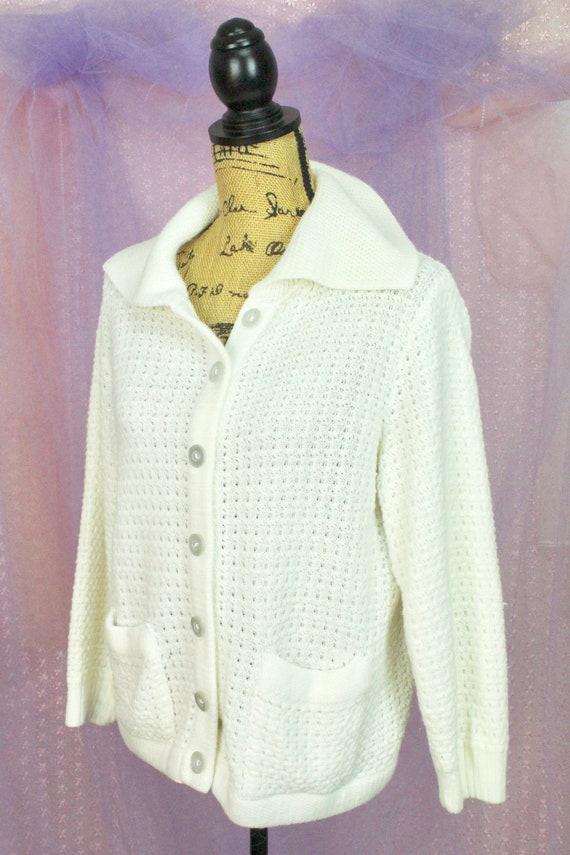 Vintage 60s Creamy Knit Cardigan Sweater, Crochet… - image 3