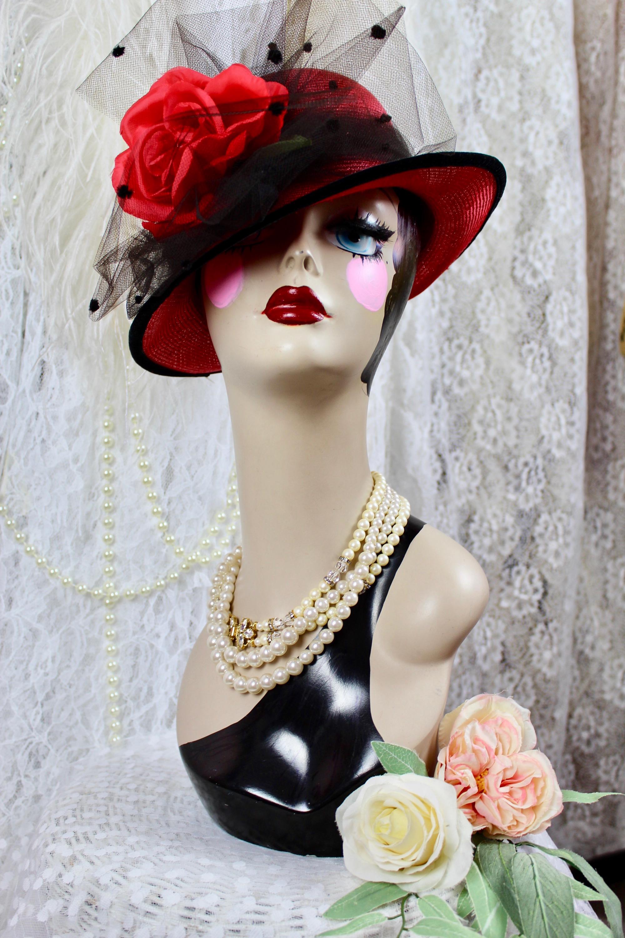 Red Wide Brim Straw Hat with Tulle Rosettes Red Straw Hat Wide Brim Flowers Perfect Summer Hat Red  main image 2