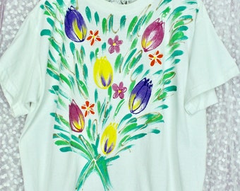 Vintage 90s Artwear T-shirt, Acrylic Floral Designs, Summer T-shirt, Handmade Art, Artsy T-shirt, Size Large - Etsy Vintage 90s Artwear T-shirt, Acrylic Floral Designs, Summer T-shirt, Handmade Art, Artsy T-shirt, Size Large - Etsy