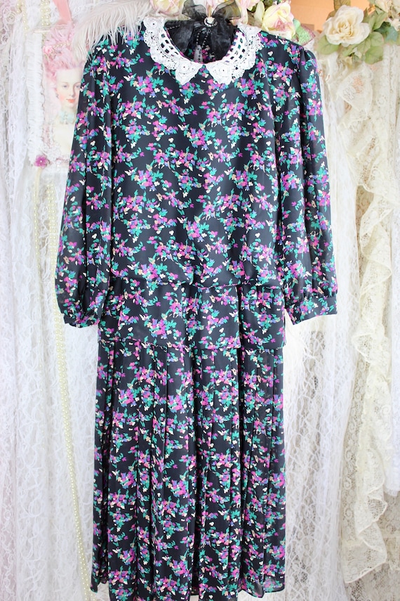 Vintage 80s Floral Print Pleated Dress, Sheer Colo