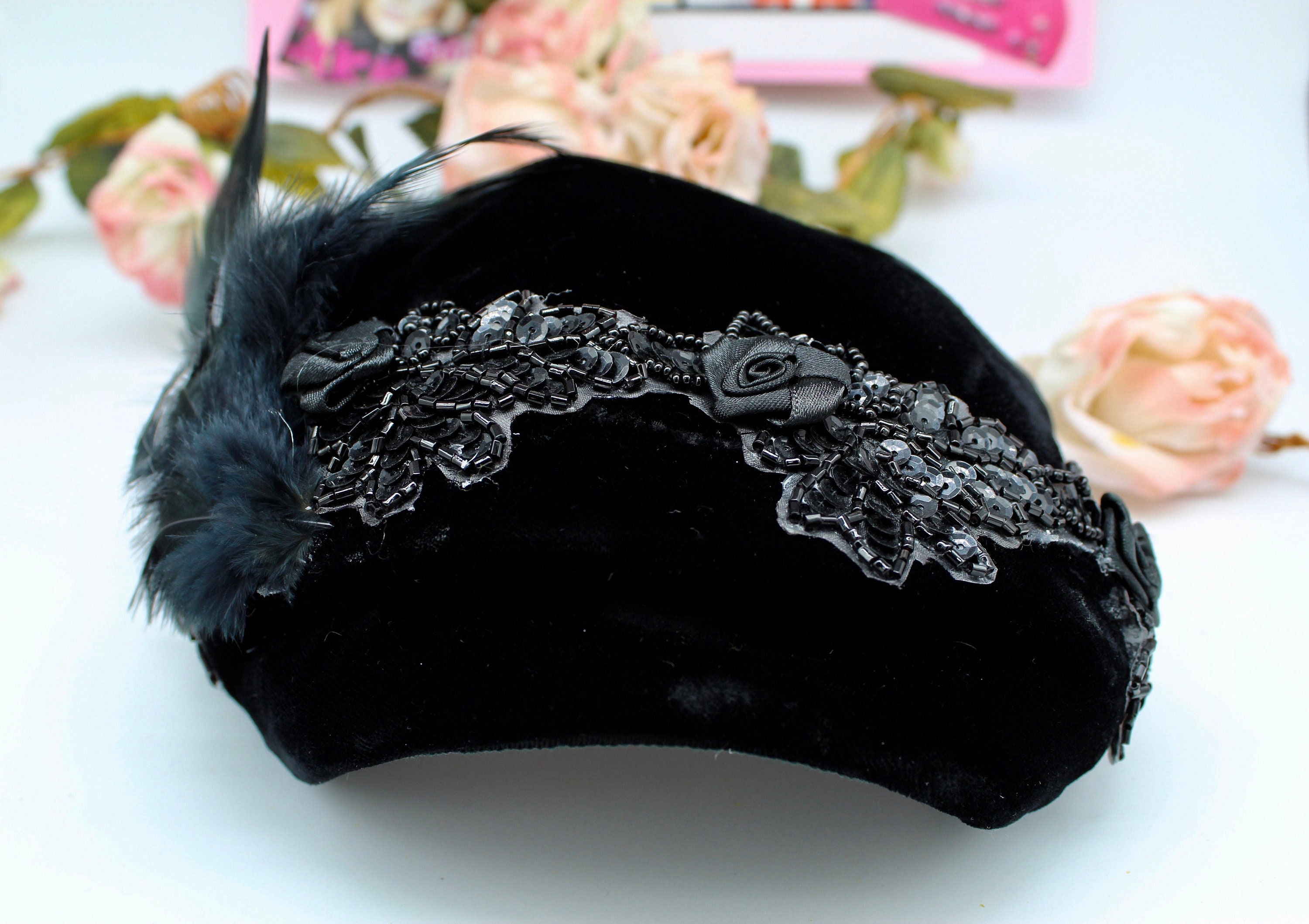 Vintage 50’s 60’s Black Velvet Fascinator Derby Hat Feather, Rhinestone Details Vintage Black Velvet Hat With Feathers, Ladies Cap, Art Deco  main image 4