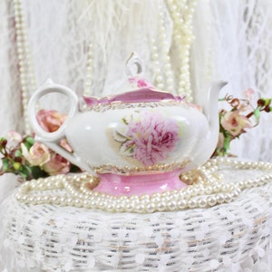 Vintage 60s 70s Lefton Musical Pink Cabbage Rose Teapot, Hand Painted ...