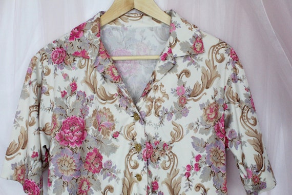 Vintage 70's Floral Print Short Sleeve Button up … - image 4