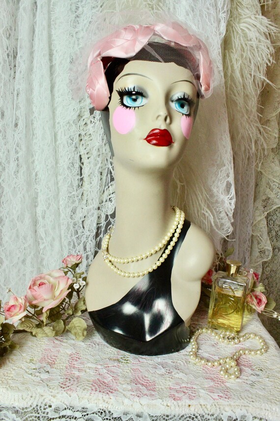 Vintage 50s 60s Lovely Pink Rose Half Hat, VTG Hea