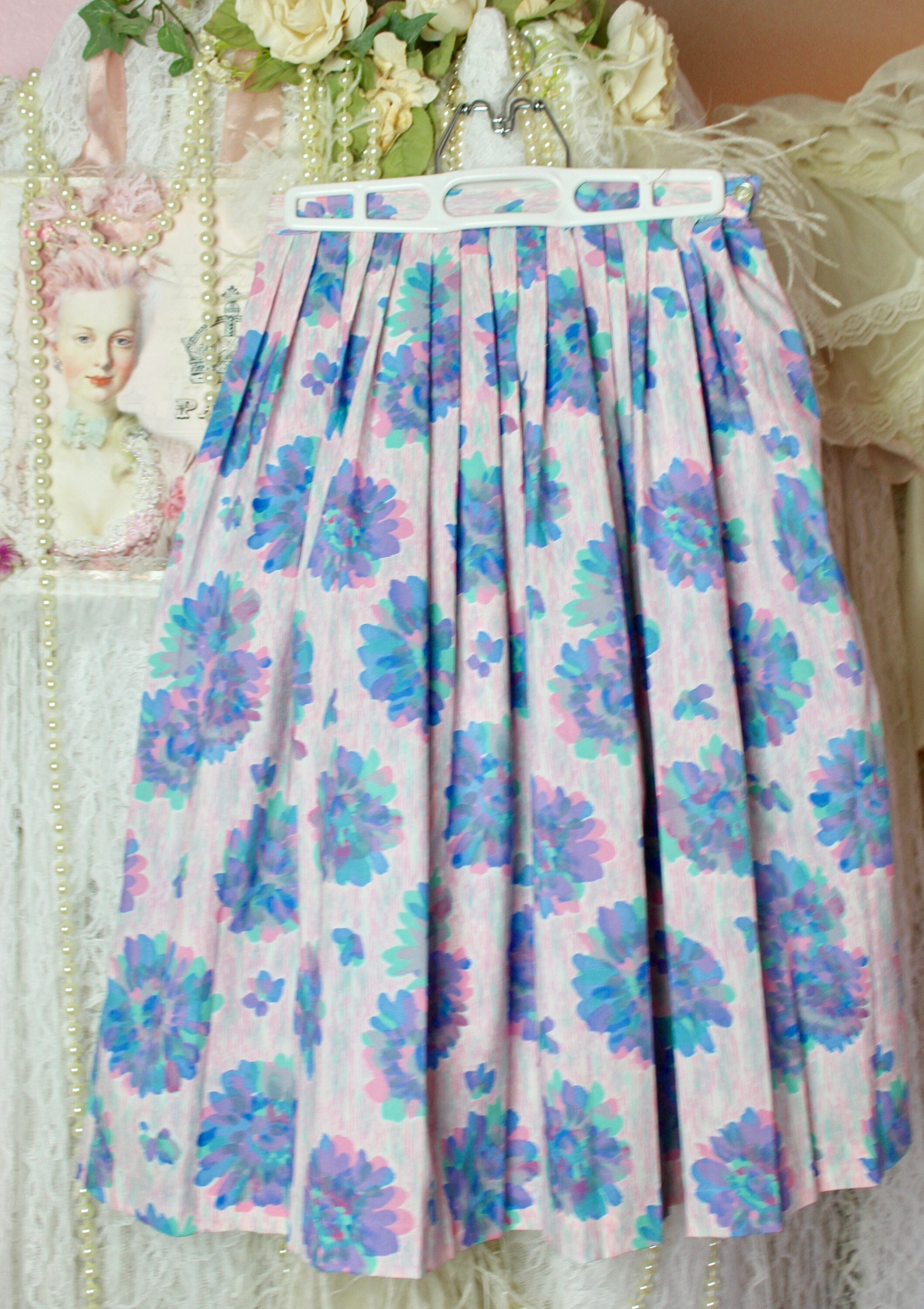 Vintage 70s Colorful Floral Print Pleated Skirt, A-line Skirt  