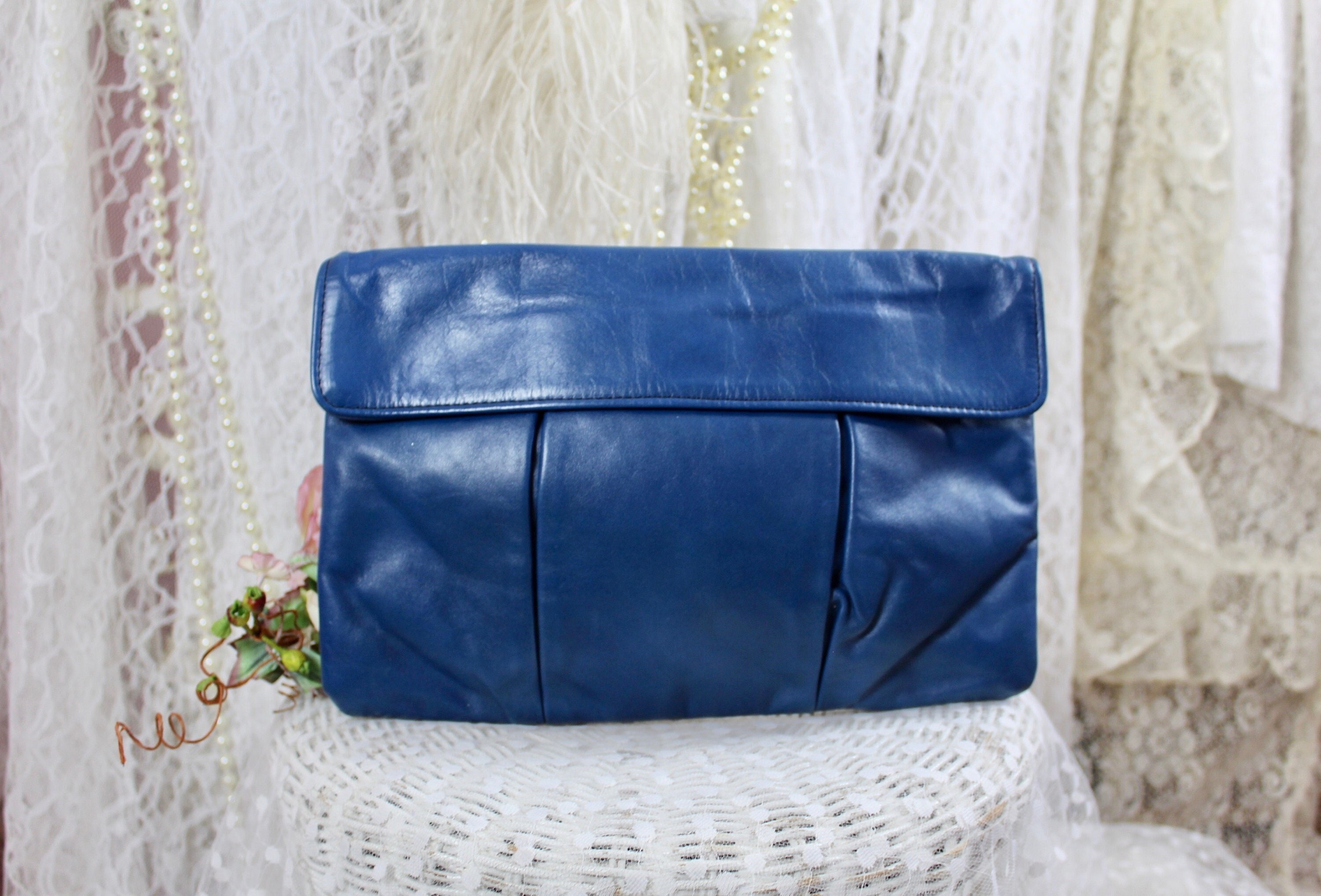 Vintage 70s 80s Letisse Blue Clutch Leather Purse Flap Closure Front Snap Clasp Closure Leather Lined Inside Pocket Vintage Mod Clutch