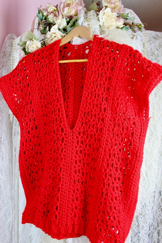 Vintage 90s Red Crochet Sweater Vest, Pullover Cr… - image 5